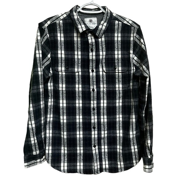 On The Byas Textured Flannel Shirt Mens Medium Black/White Plaid 2‎ Flap Pockets - Picture 1 of 9